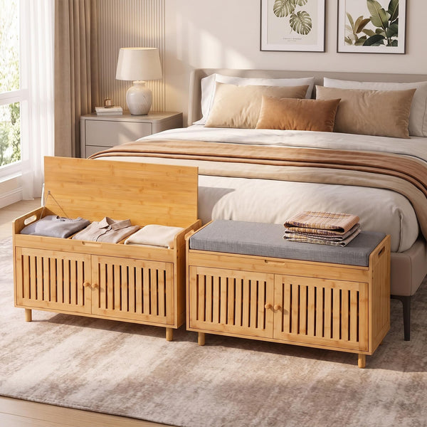 90 cm Bamboo Shoe Storage Bench with Lift Top and Cushion for Entryway