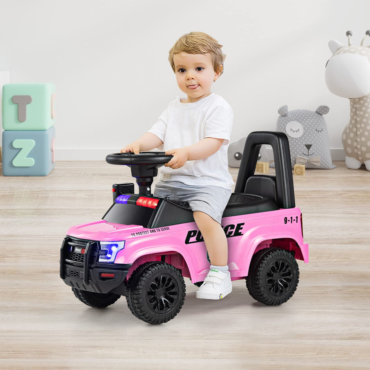 Ride On Push Police Car, Toddler Foot-to-Floor Sliding Toy with Siren