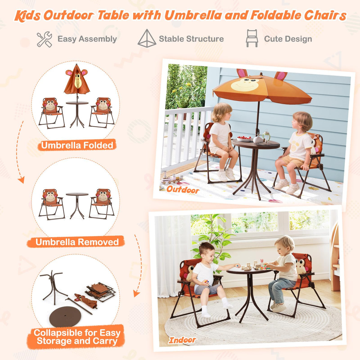4Pcs Kids Picnic Set, Toddler Outdoor Activity Table w/2 Folding Chairs & a Height Adjustable Umbrella
