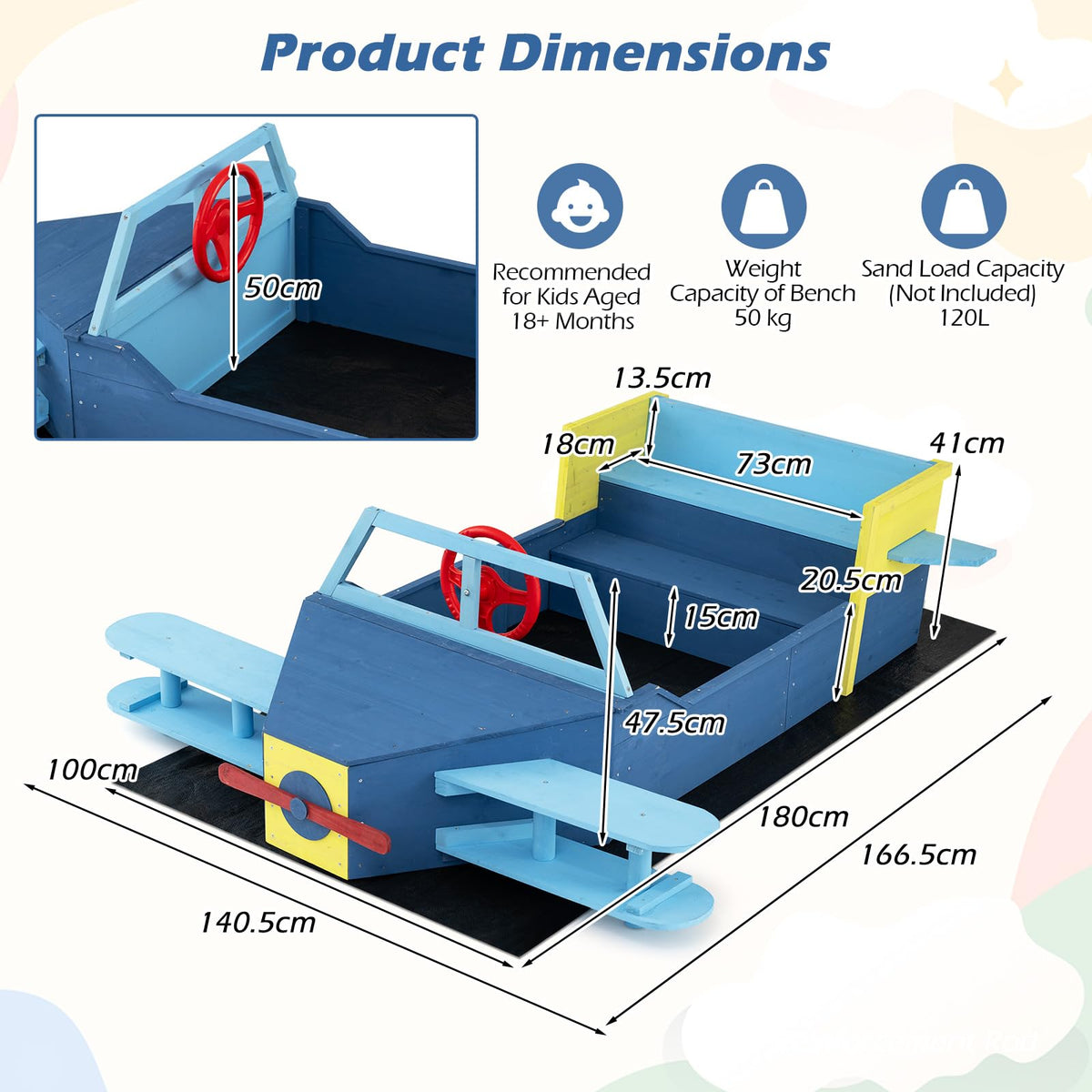 Glider-Shape Kids Sandpit, Large Wooden Outdoor Sand Box w/Bench Seat, Propeller, Rotatable Rudder and Side Wings