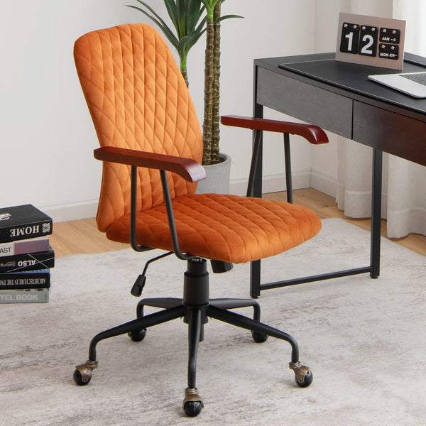 Giantex Retro Mid-Back Office Chair, Swivel Velvet Computer Desk Chair w/Rubber Wood Armrest