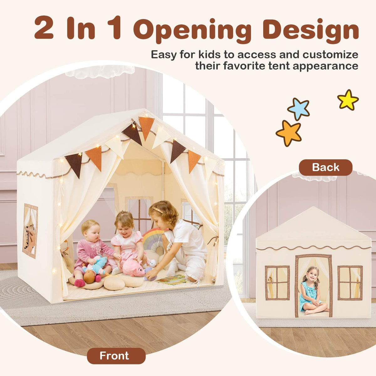 3-4 Kids Large Play Tent House with 2 Opening Doors Star Lights