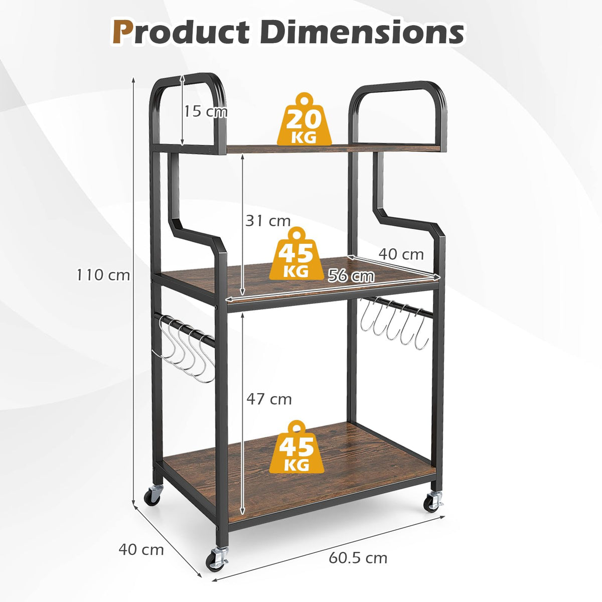 3-Tier Rolling Printer Stand, Home Office Large Printer Cart w/Storage Shelves