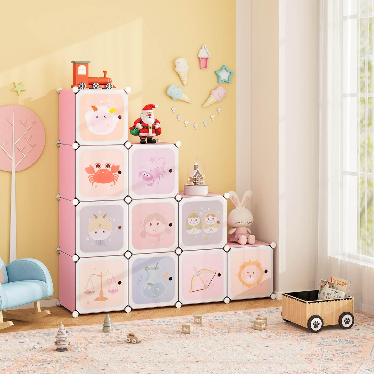 Children 12-Cube Wardrobe, Baby Dresser Kids Bedroom Armoire w/Doors & 2 Rods, Cute Cartoon Zodiac Patterns