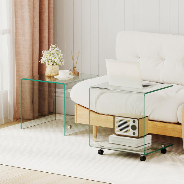 C-Shaped End Table, Modern Tempered Glass Side Table with 2-Tier Shelf