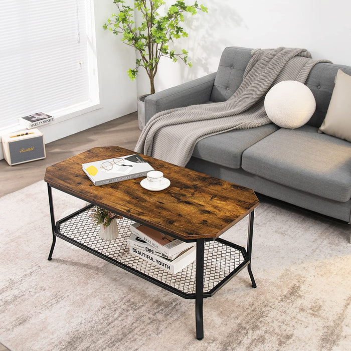 Wooden Tabletop & Metal Frame, Vintage Wood Look Accent Furniture Cocktail Table for Living Room