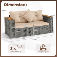 2-Piece Patio Corner Sofa Set Outdoor Sectional Wicker Loveseat with Thick Cushions