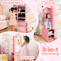 3-in-1 Freestanding Kids Jewelry Cabinet Armoire with Full Length Mirror