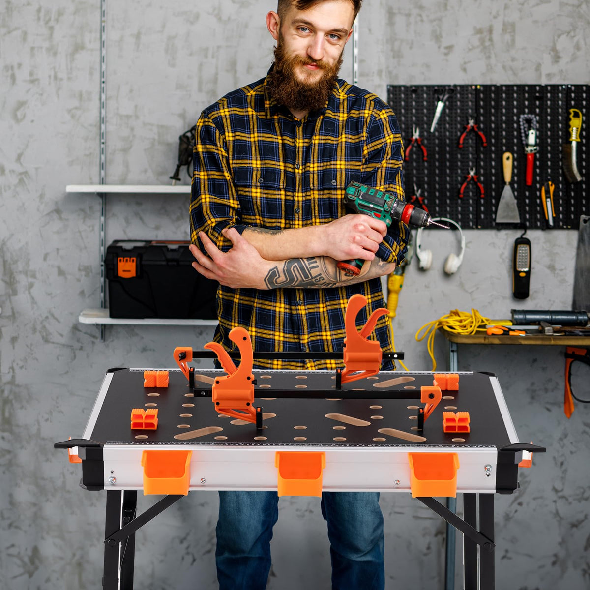 Flippable Workbench 84.5cm Portable Work Table, Folding Workbench w/ 2 Quick Clamps & 4 Cl ...