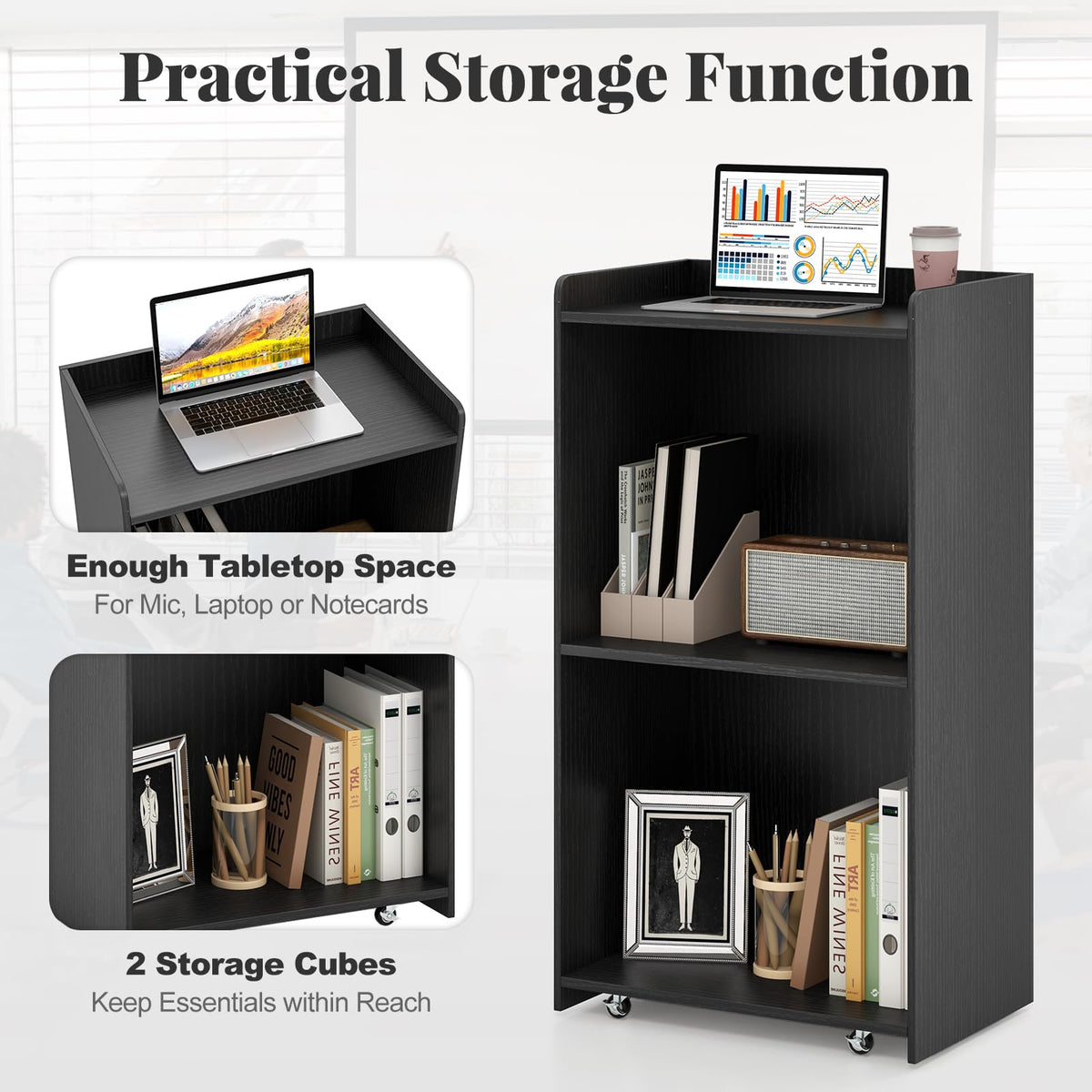 Giantex Rolling Lectern Stand, 105cm Presentation Podium with 2 Storage Shelves