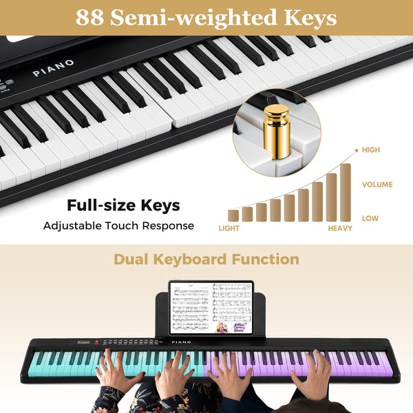 88 Key Foldable Piano Keyboard Portable Full Size Semi Weighted Electric Piano with MIDI Wireless Connection