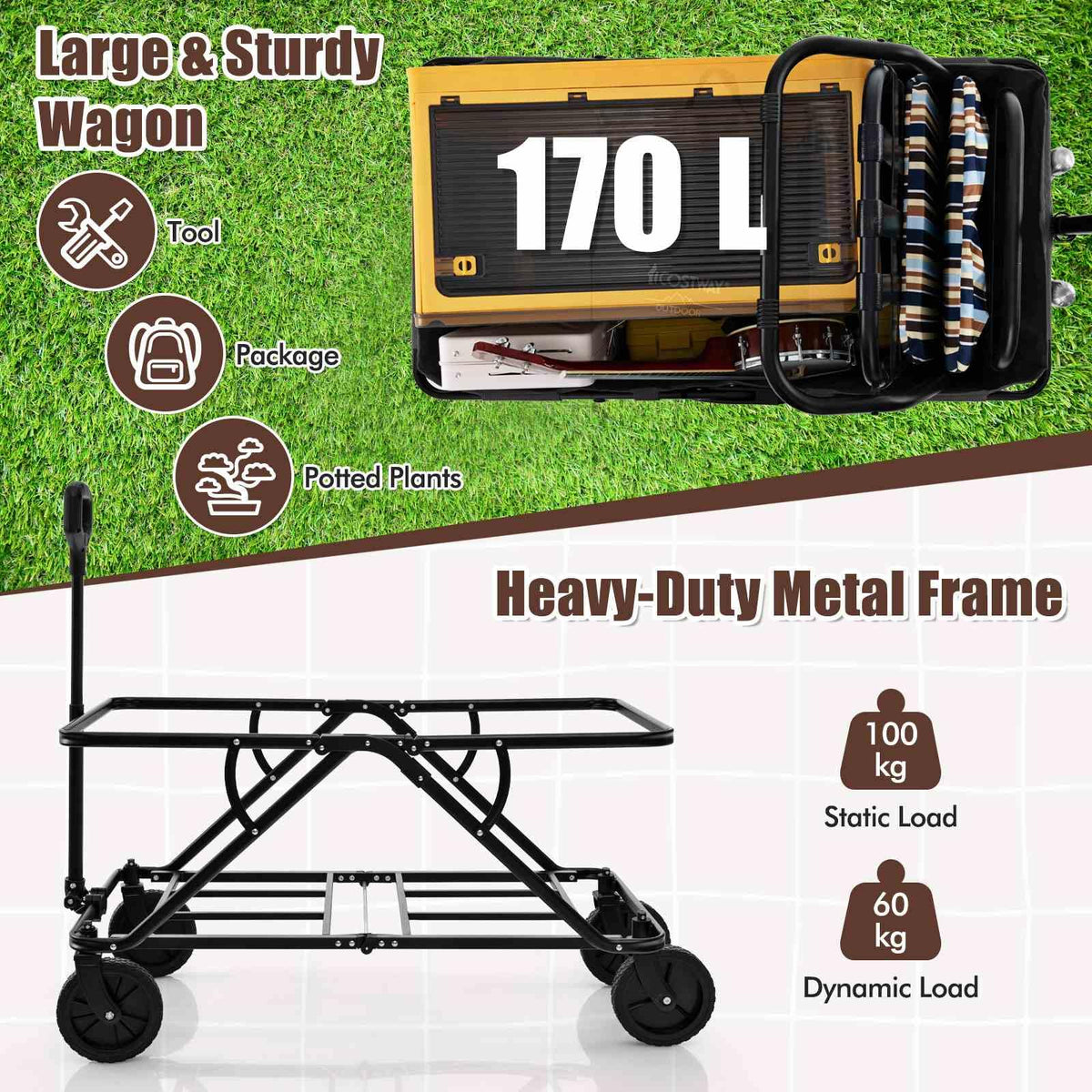 Heavy-Duty Wagon Cart with Adjustable Handlebar and Storage Pocket