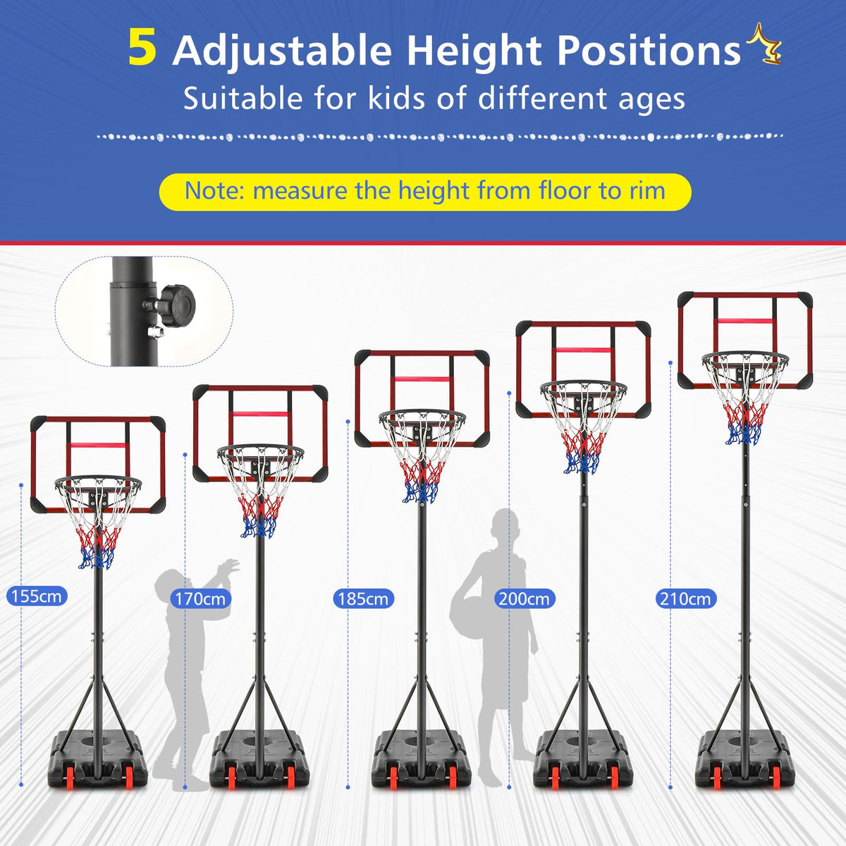 Basketball Hoop Stand, Adjustable Basketball Hoop w/ 193-248cm Height Adjustment