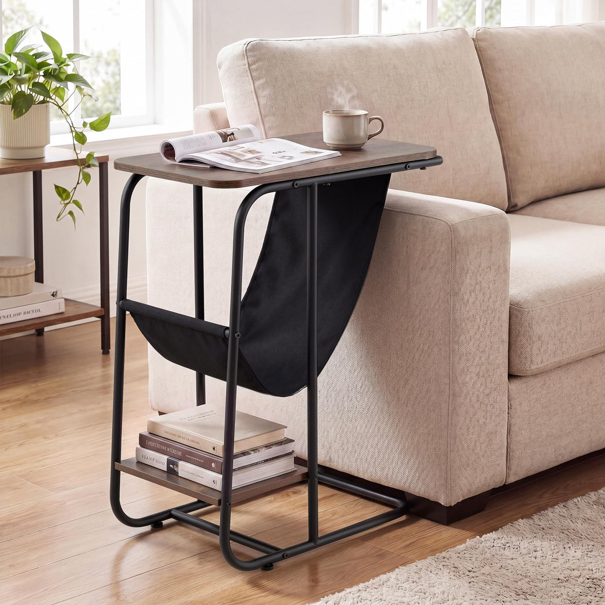 Giantex C-Shaped End Table with Canvas Book Holder & Bottom Storage Shelf