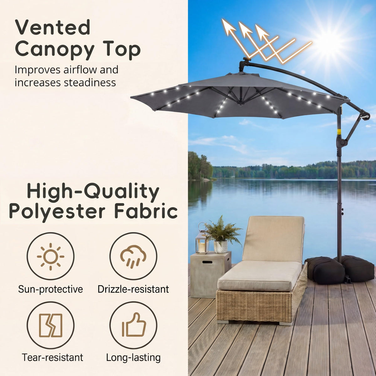 3m Solar Offset Hanging Umbrella with 32 LED Lights and 360° Rotation