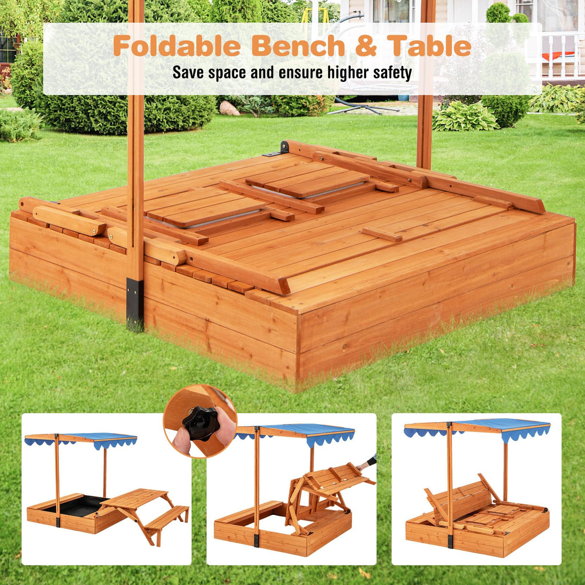 Outdoor Foldable Kids Wooden Sand Box with Lid Cover