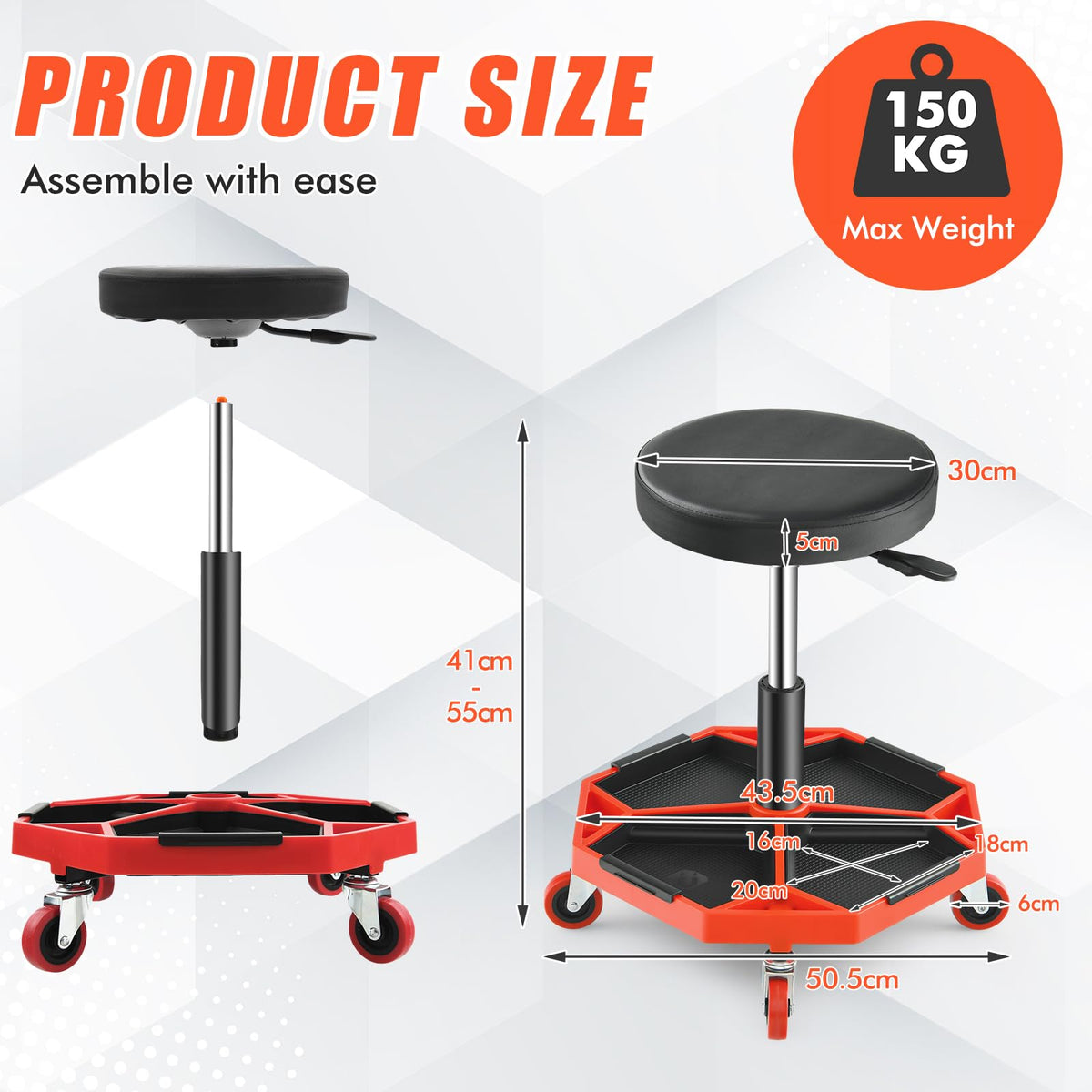 150 kg Capacity Pneumatic Rolling Mechanic Stool, Adjustable Roller Seat with Padded Seat