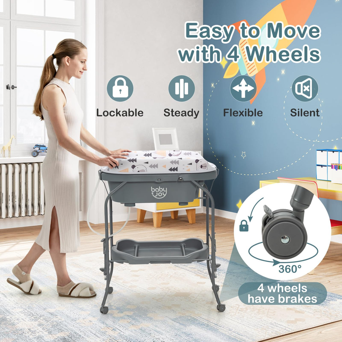 Baby Bathtub with Changing Table, Foldable Diaper Changing Station with Storage Tray