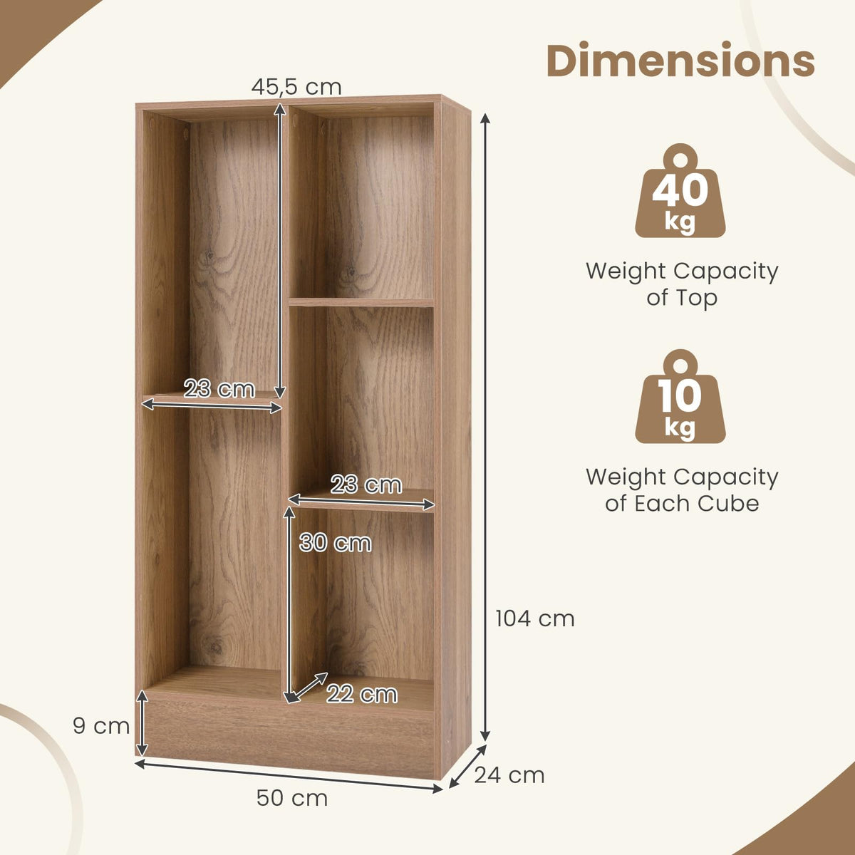 5-Cube 50 cm Bookshelf Freestanding Storage Organizer Wood Display Shelf