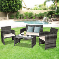 4PCS Patio Rattan Furniture Set Conversation Glass Table Top Cushioned Sofa