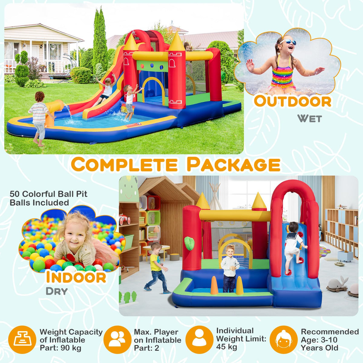 9-in-1 Inflatable Bounce Castle with Waterslide for 3+ (with 680W Blower)