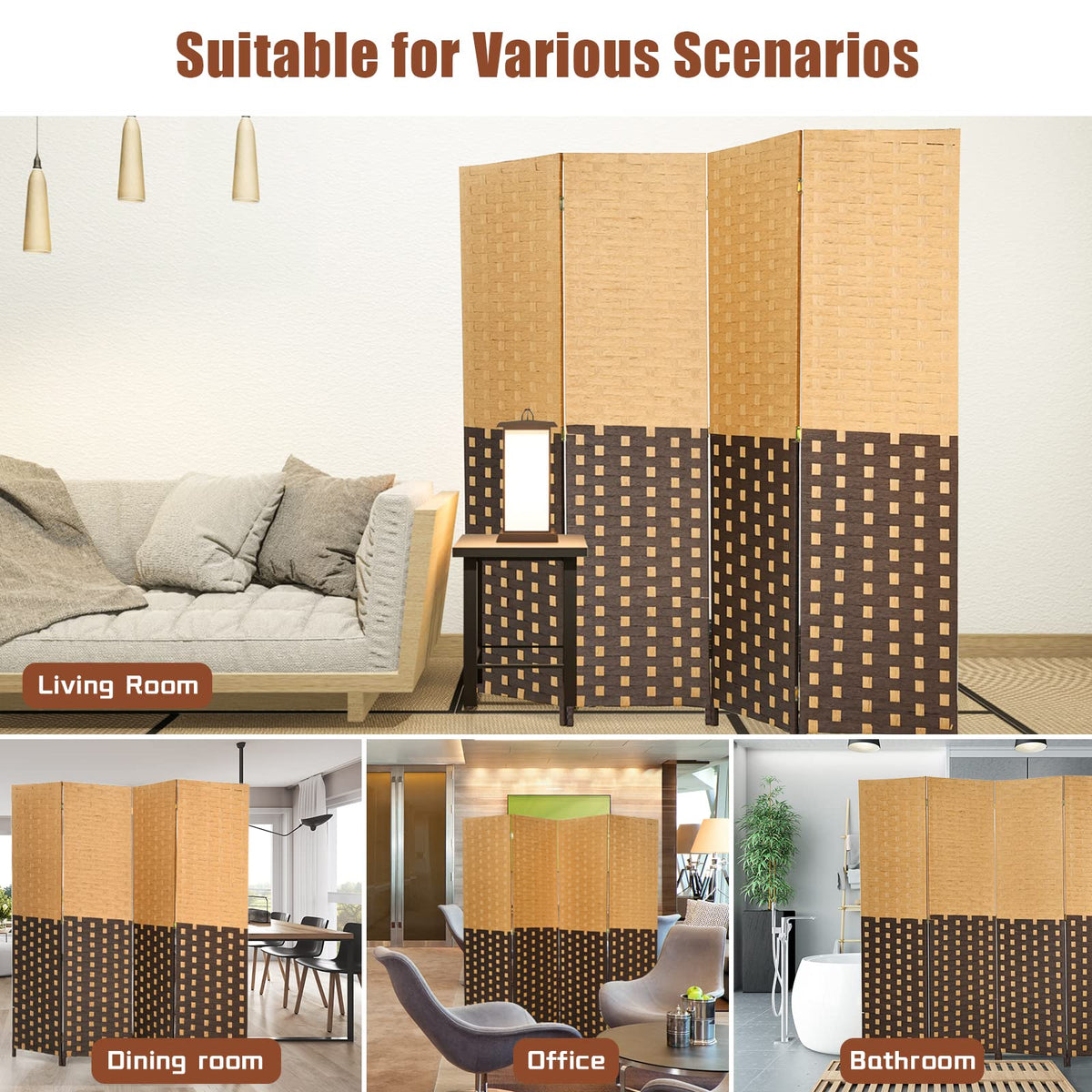 6Ft Room Divider, 4-Panel Woven Wall Divider Panel Screen, Extra Wide Freestanding Privacy Screen Divider