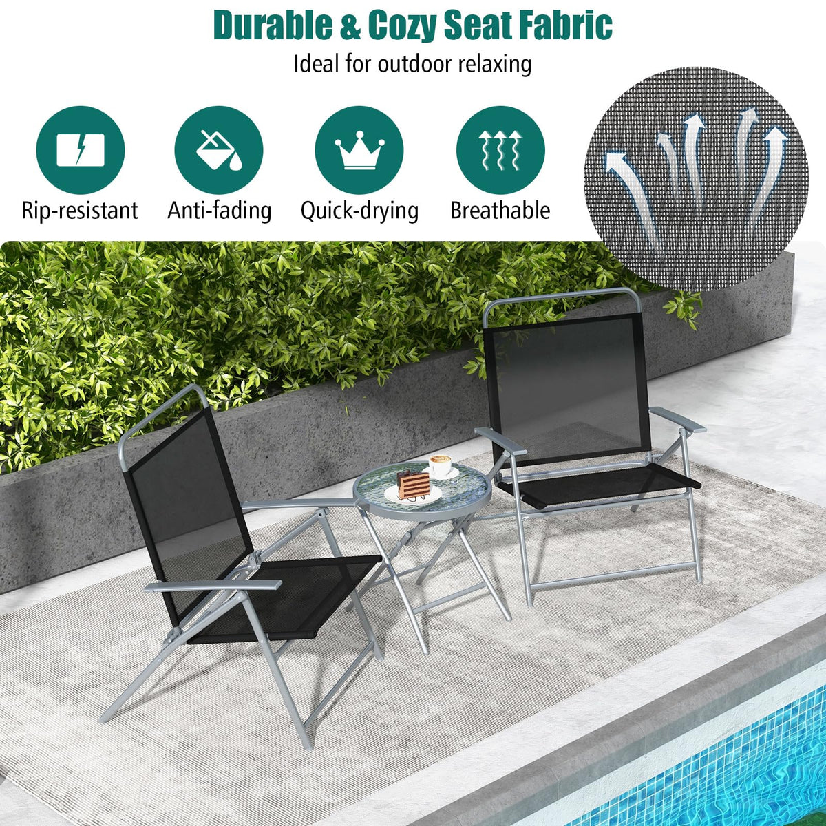3PCS Patio Bistro Set with 2 Foldable Chairs for Yard/ Porch