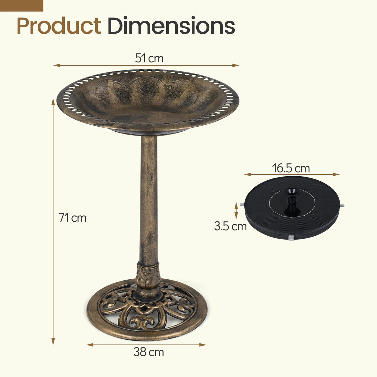 71cm Bird Bath with Solar Powered Fountain, Outdoor Pedestal Birdbath