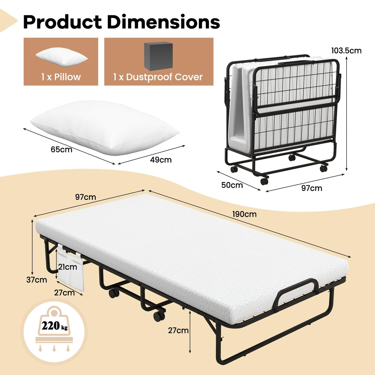 Single Size Folding Bed with Memory Foam Mattress & Pillow