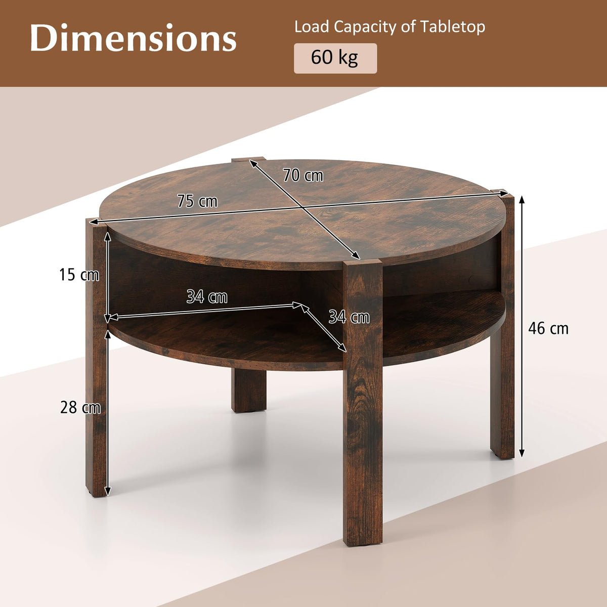 2-Tier Round Coffee Table w/Storage, 75 cm Tea Cocktail Table w/ 4 Shelves