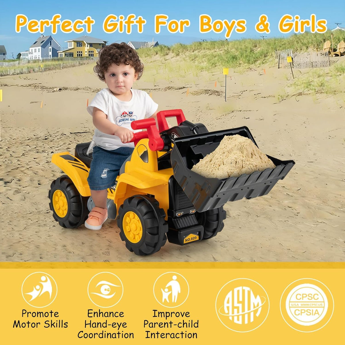 Kids Ride On Bulldozer Toy Pretend Truck with Adjustable Bucket and Sound