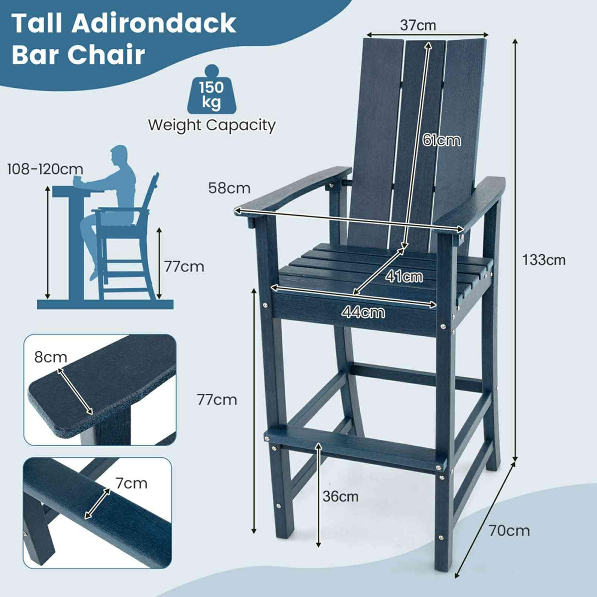 Outdoor Tall Adirondack Chair Bar Stool with Backrest and Footrest