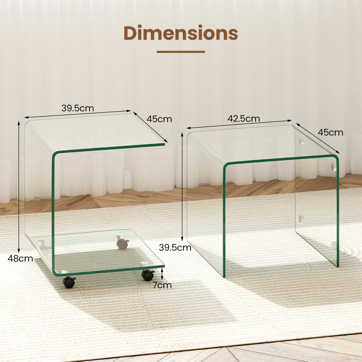 C-Shaped End Table, Modern Tempered Glass Side Table with 2-Tier Shelf