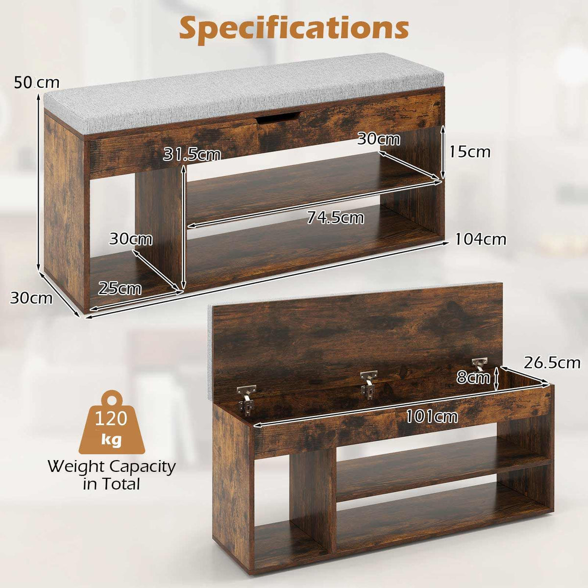Shoe Bench w/Padded Seat, Shoes Rack w/Hidden Storage