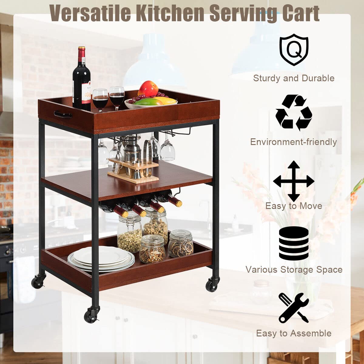 Giantex Kitchen Serving Trolley, 3-Tier Rolling Bar Island Serving Cart, Cart Trolley on Wheels with Handle