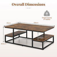 Rectangle Center Table with Open Shelves and Metal Frame for Living Room