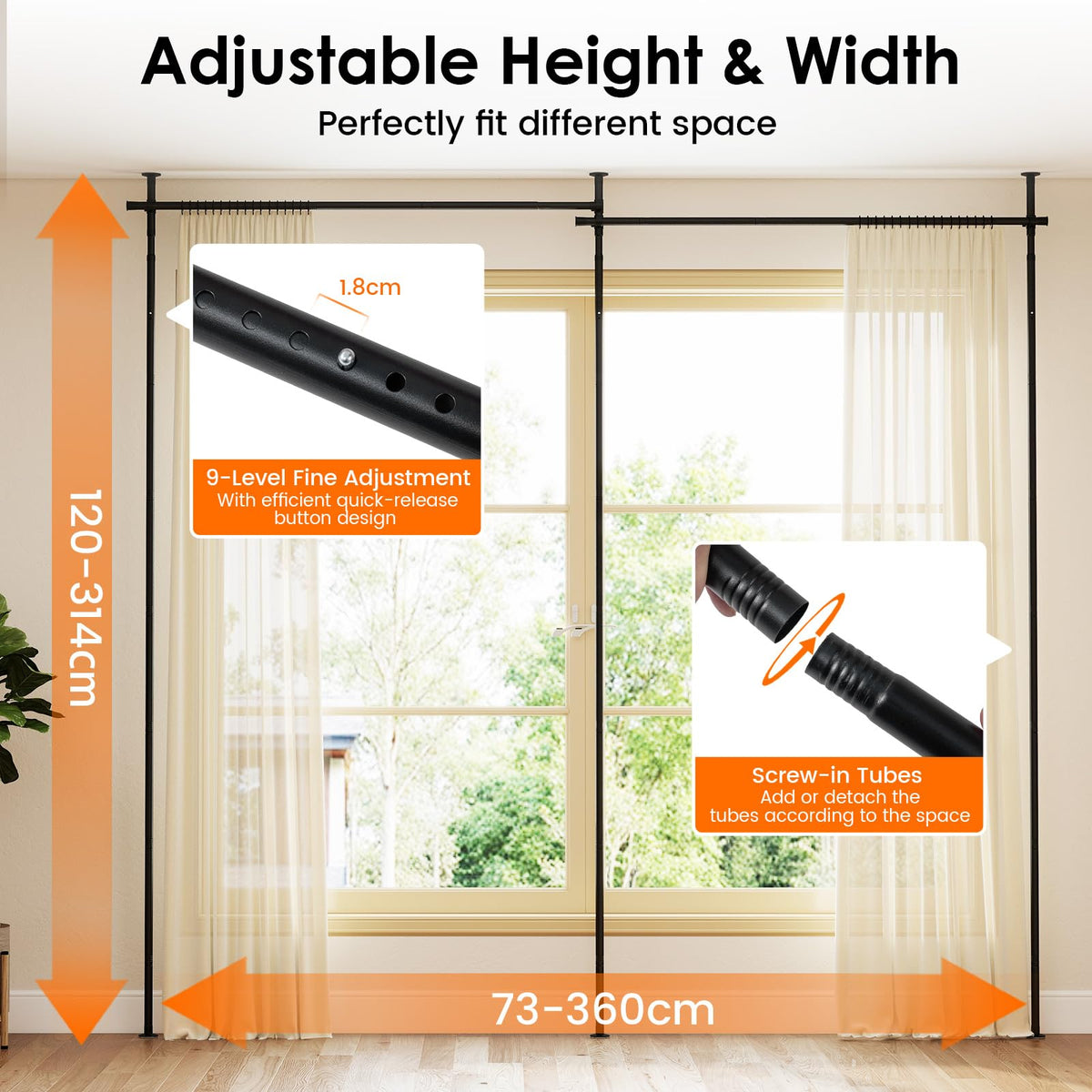 Room Divider Curtain Rod with Adjustable Floor for Apartment and Bedroom