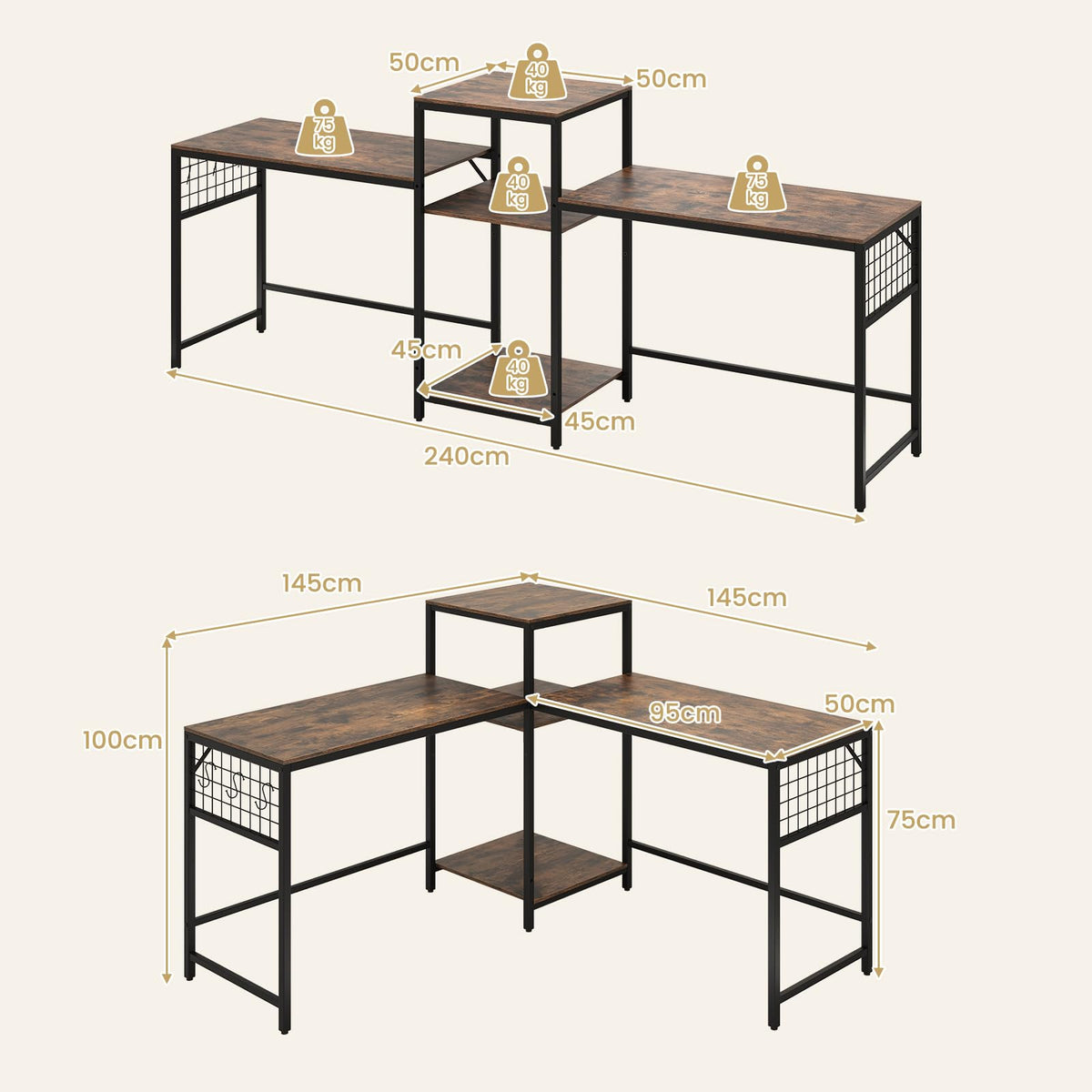 240 cm Long Convertible 2-Person Desk