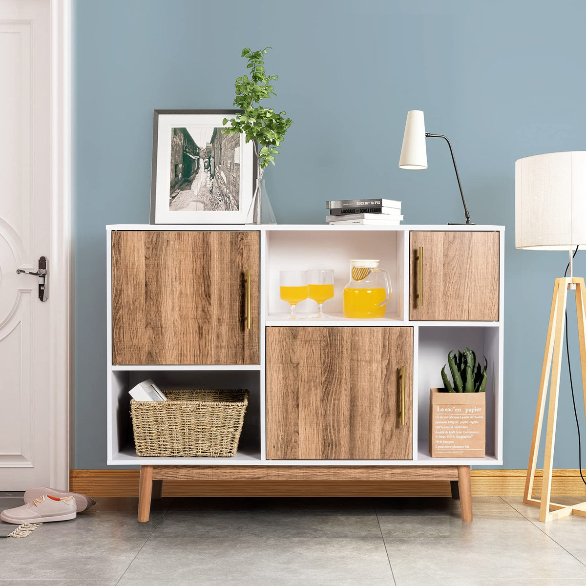 Sideboard Storage Cabinet W/3 Storage Compartments & 3 Doors & Wood Legs (White & Coffee)