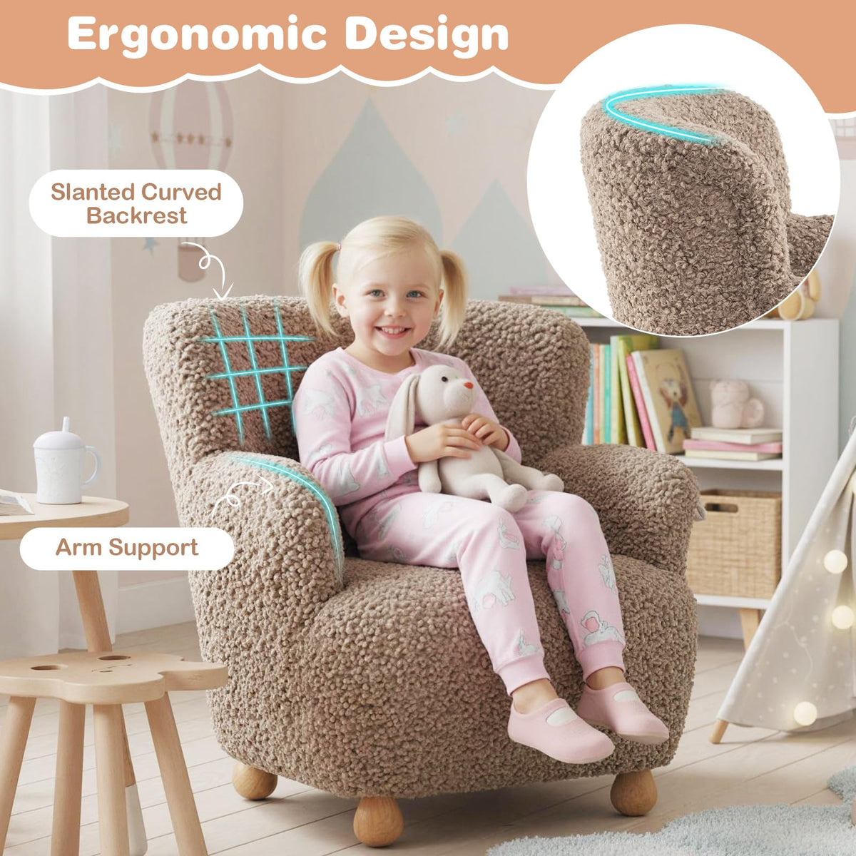 Kids Sofa, Comfy Toddler Armchair with Solid Rubber Wood Legs