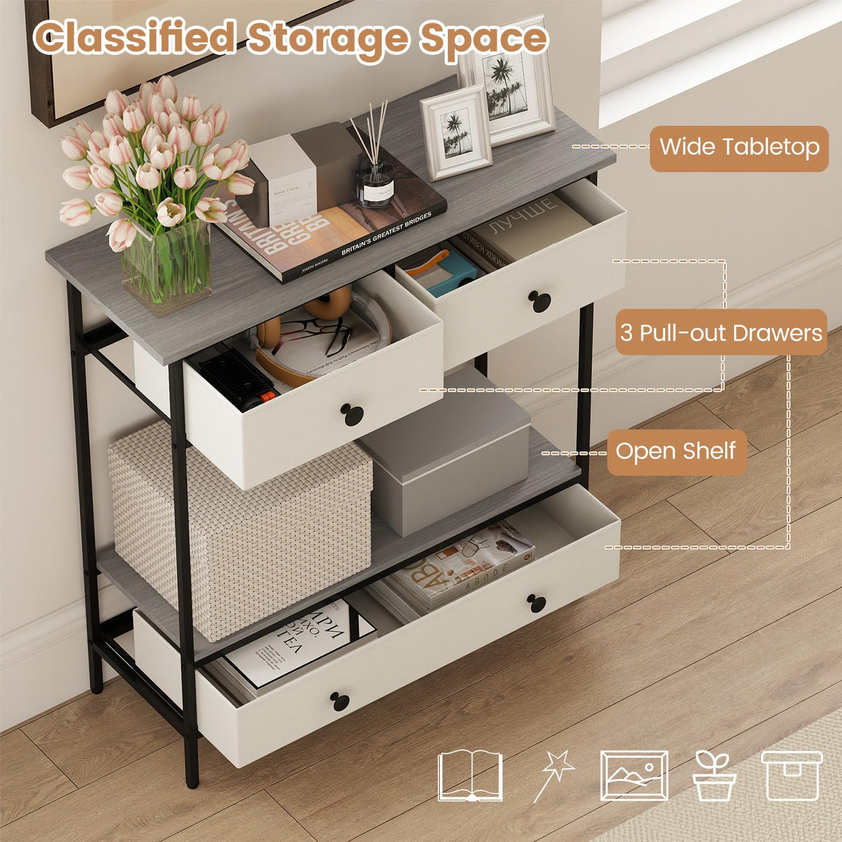 Console Table with Drawers Industrial Entryway Table with Open Storage Shelf