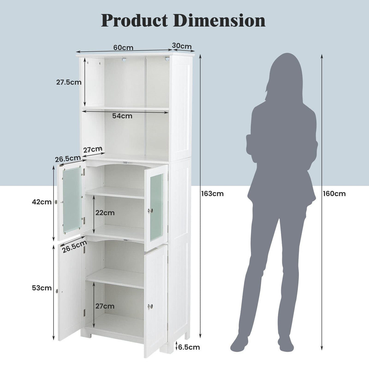 Giantex Freestanding Bathroom Storage Cabinet, Kitchen Pantry Cupboard with Glass Doors, White