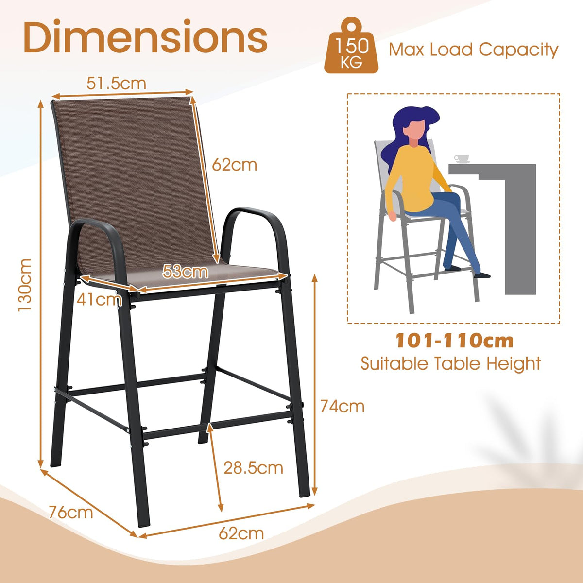 Outdoor Bar Stools Set of 2, 74 cm Fabric Bar Height Stools with Armrests