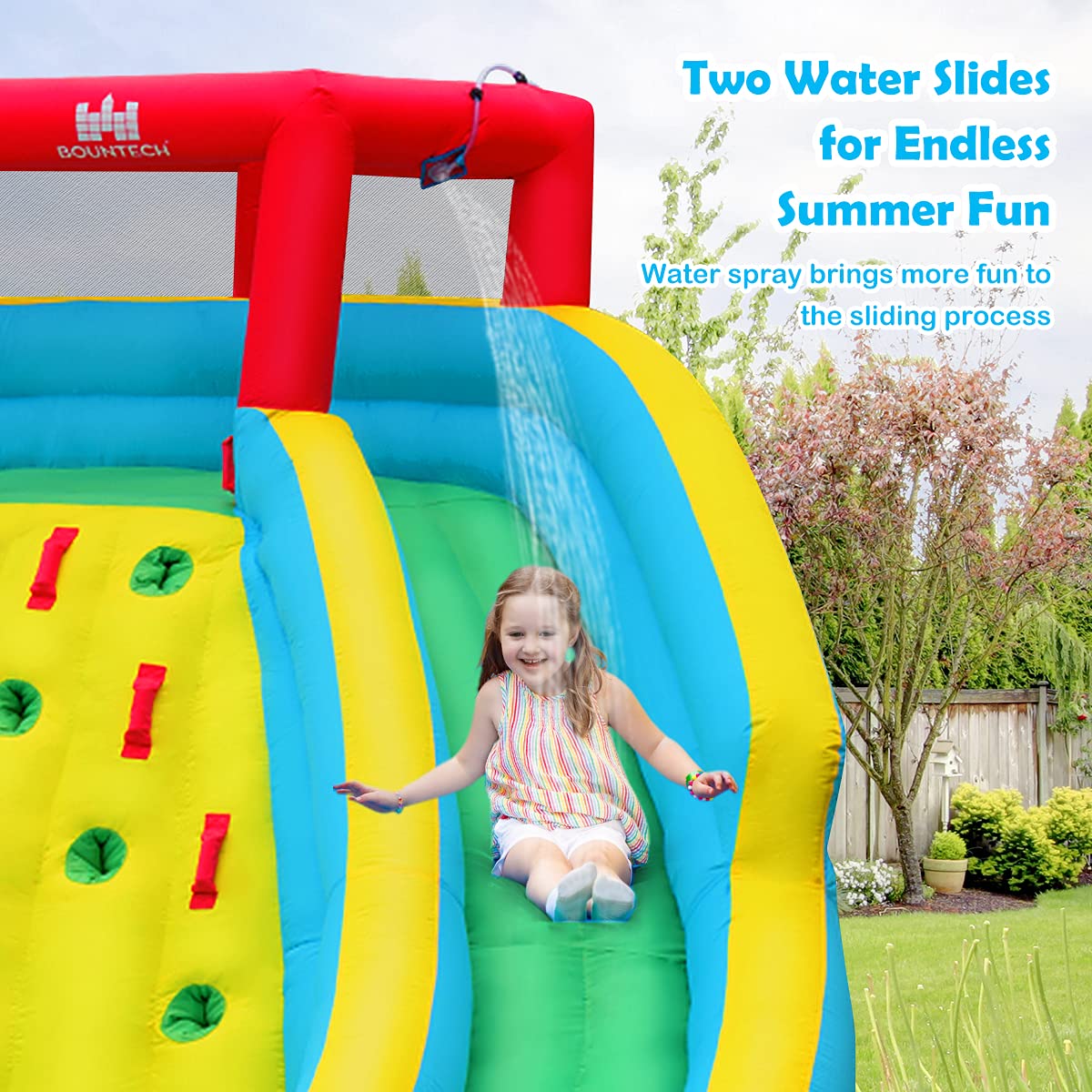 Inflatable Water Slide, 452 x 365 x 233CM Giant Water Park for Kids w/Double Long Slides, Climbing Wall(with 680W Blower)