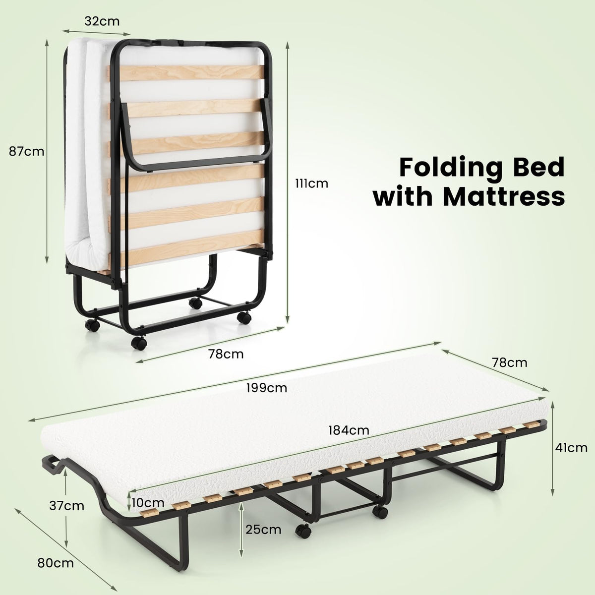 Folding Bed with Mattress, Roll Away Guest Bed for Adult