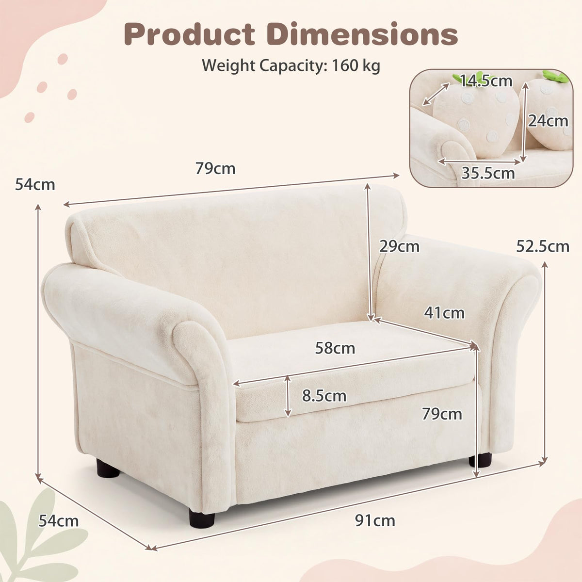 Kids' Couch with 2 Strawberry Throw Pillows with Flannel Upholstery and Solid Wooden Frame
