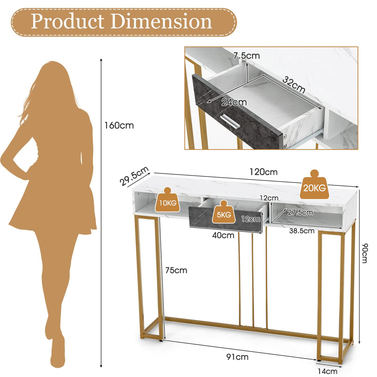 Giantex 2-Tier Faux Marble Console Table, Sofa Side Table w/Golden Steel Frame & Drawer, White