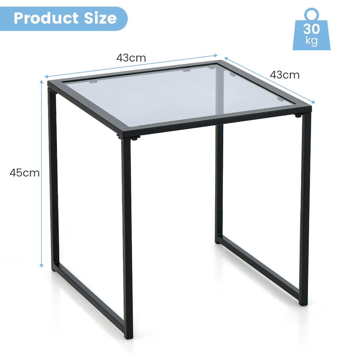 Patio Tempered Glass End Table with Metal Frame for Poolside