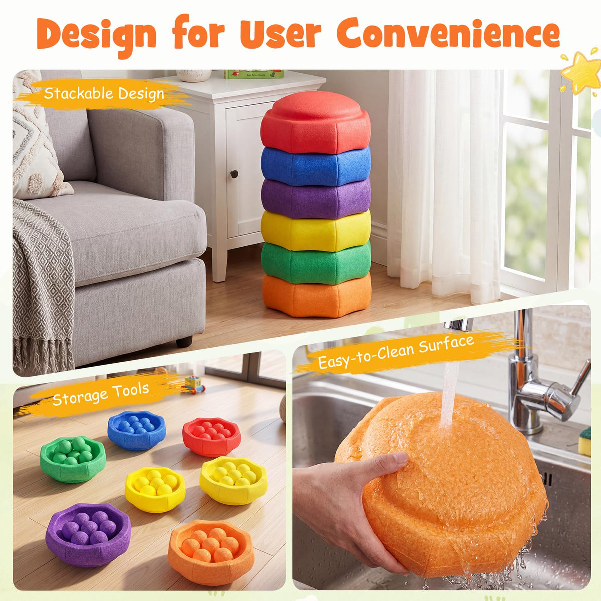 6-Piece Stackable Toddler Balance Stepping Stones for Sensory Play and Coordination