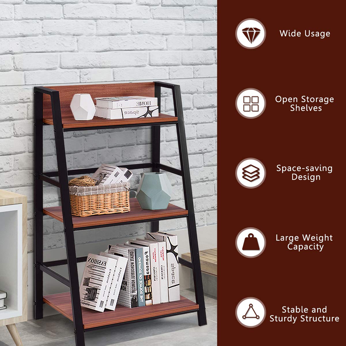 Giantex 3 Tier Bookshelf, Industrial Ladder Bookcase with Metal Frame